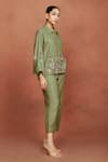 Shop_Sue Mue_Olive Green Silk Embroidery Collared Jin Floral Shirt And Pant Set _Online_at_Aza_Fashions