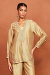 Buy_Sue Mue_Beige Chanderi Silk Embroidery, Beads, Sequins V-neck Aal Tribal Top And Pant Set _Online_at_Aza_Fashions