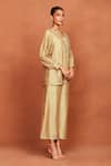 Sue Mue_Beige Chanderi Silk Embroidery, Beads, Sequins V-neck Aal Tribal Top And Pant Set _at_Aza_Fashions