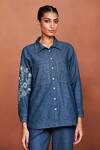 Sue Mue_Blue Denim Embroidery, Beads Collared Rii Placed Floral Shirt And Pant Set _Online_at_Aza_Fashions