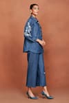 Buy_Sue Mue_Blue Denim Embroidery, Beads Collared Rii Placed Floral Shirt And Pant Set _Online_at_Aza_Fashions