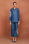 Buy_Sue Mue_Blue Denim Embroidery, Beads Collared Rii Placed Floral Shirt And Pant Set _at_Aza_Fashions