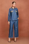 Buy_Sue Mue_Blue Denim Sequins, Beads, Embroidery Collared Placed Shirt And Pant Set _at_Aza_Fashions