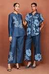 Shop_Sue Mue_Blue Denim Applique, Embroidery, Metallic Thread Ruba Floral Shirt And Pant Set _Online_at_Aza_Fashions