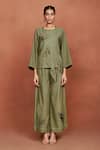 Buy_Sue Mue_Olive Green Silk Applique, Embroidery Round Meh Falling Leaves Top And Pant Set _at_Aza_Fashions