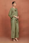 Sue Mue_Olive Green Silk Applique, Embroidery Round Meh Falling Leaves Top And Pant Set _Online_at_Aza_Fashions