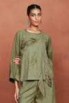 Buy_Sue Mue_Olive Green Silk Applique, Embroidery Round Meh Falling Leaves Top And Pant Set _Online_at_Aza_Fashions