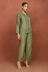 Sue Mue_Olive Green Silk Embroidery, Beads Collared, Aru Floral Bunch Shirt And Pant Set _Online_at_Aza_Fashions