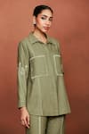 Buy_Sue Mue_Olive Green Silk Embroidery, Beads Collared Sufi Top And Pant Set _Online_at_Aza_Fashions