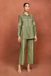 Buy_Sue Mue_Olive Green Silk Embroidery, Beads Collared Sufi Top And Pant Set _at_Aza_Fashions