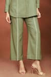 Sue Mue_Olive Green Silk Embroidery, Beads Collared Sufi Top And Pant Set _at_Aza_Fashions