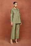Shop_Sue Mue_Olive Green Silk Embroidery, Beads Collared Sufi Top And Pant Set 