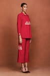 Sue Mue_Red Silk Embroidery, Beads, Metallic Thread Collared Paz Shirt And Pant Set _Online_at_Aza_Fashions