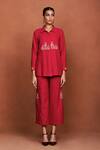 Buy_Sue Mue_Red Silk Embroidery, Beads, Metallic Thread Collared Paz Shirt And Pant Set _at_Aza_Fashions