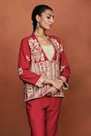 Sue Mue Red Silk Embroidery V-neck Lipi Floral Jacket And Pant Set Online at Aza Fashions Sue Mue_Red Silk Embroidery V-neck Lipi Floral Jacket And Pant Set _Online_at_Aza_Fashions
