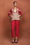 Buy Sue Mue Red Silk Embroidery V-neck Lipi Floral Jacket And Pant Set at Aza Fashions Buy_Sue Mue_Red Silk Embroidery V-neck Lipi Floral Jacket And Pant Set _at_Aza_Fashions