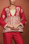 Buy Sue Mue Red Silk Embroidery V-neck Lipi Floral Jacket And Pant Set Online at Aza Fashions Buy_Sue Mue_Red Silk Embroidery V-neck Lipi Floral Jacket And Pant Set _Online_at_Aza_Fashions