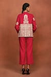 Shop Sue Mue Red Silk Embroidery V-neck Lipi Floral Jacket And Pant Set at Aza Fashions Shop_Sue Mue_Red Silk Embroidery V-neck Lipi Floral Jacket And Pant Set _at_Aza_Fashions