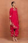 Sue Mue_Red Silk Embroidery, Zari Collared Zil Floral Tunic And Pant Set _Online_at_Aza_Fashions