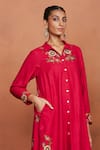 Buy_Sue Mue_Red Silk Embroidery, Zari Collared Zil Floral Tunic And Pant Set _Online_at_Aza_Fashions