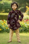 Maaikid_Wine Velvet, Cotton, Silk Embroidery Floral Pattern Sherwani And Churidar Set _at_Aza_Fashions