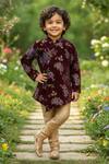 Buy_Maaikid_Wine Velvet, Cotton, Silk Embroidery Floral Pattern Sherwani And Churidar Set _at_Aza_Fashions