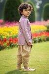 Maaikid_Purple Brocade, Cotton, Silk Embroidery Overlap Sherwani With Dhoti Pant _Online_at_Aza_Fashions
