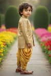 Maaikid_Mustard Silk, Cotton Embroidery, Zari Banarasi Brocade Sherwani With Dhoti Pant _Online_at_Aza_Fashions