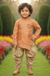 Maaikid_Orange Brocade, Cotton, Silk Embroidery Overlap Sherwani With Dhoti Pant _Online_at_Aza_Fashions