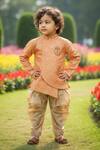 Maaikid_Orange Brocade, Cotton, Silk Embroidery Overlap Sherwani With Dhoti Pant _Online