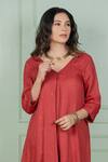 Gothilo Red Linen Lace V-neck Rose Kurta And Pant Set Online at Aza Fashions Gothilo_Red Linen Lace V-neck Rose Kurta And Pant Set _Online_at_Aza_Fashions