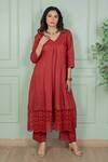 Shop Gothilo Red Linen Lace V-neck Rose Kurta And Pant Set Online at Aza Fashions Shop_Gothilo_Red Linen Lace V-neck Rose Kurta And Pant Set _Online_at_Aza_Fashions