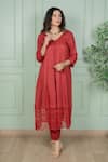 Gothilo Red Linen Lace V-neck Rose Kurta And Pant Set at Aza Fashions Gothilo_Red Linen Lace V-neck Rose Kurta And Pant Set _at_Aza_Fashions