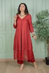 Shop Gothilo Red Linen Lace V-neck Rose Kurta And Pant Set Shop_Gothilo_Red Linen Lace V-neck Rose Kurta And Pant Set