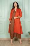 Buy_Gothilo_Brown Linen Lace V-, Open Gulmohar Jacket With Jumpsuit _Online_at_Aza_Fashions