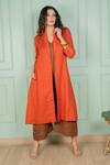 Buy_Gothilo_Brown Linen Lace V-, Open Gulmohar Jacket With Jumpsuit _at_Aza_Fashions