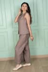 Shop_Gothilo_Brown Linen Lace Round , Button-down Mocha Mousse Flap Top And Pant Set _Online_at_Aza_Fashions