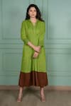 Shop_Gothilo_Green Linen Lace Collared, V-neck Leaf Dress _Online_at_Aza_Fashions