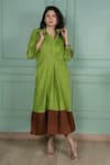 Shop_Gothilo_Green Linen Lace Collared, V-neck Leaf Dress _at_Aza_Fashions