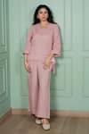 Buy_Gothilo_Pink Linen Lace V-neck Flamingo Top And Pant Set _Online_at_Aza_Fashions