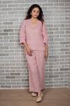 Gothilo_Pink Linen Lace V-neck Flamingo Top And Pant Set _at_Aza_Fashions