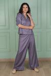 Gothilo_Purple Linen Lace V-neck Berry Top And Pant Set _Online_at_Aza_Fashions