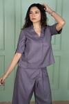 Shop_Gothilo_Purple Linen Lace V-neck Berry Top And Pant Set _Online_at_Aza_Fashions