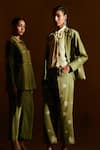 Buy_Sue Mue_Olive Green Silk Embroidery, Applique, Metallic Zaa Tribal Blazer And Pant Set _Online_at_Aza_Fashions