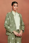 Sue Mue_Olive Green Silk Embroidery, Applique, Metallic Zaa Tribal Blazer And Pant Set _at_Aza_Fashions