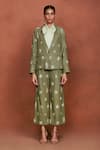 Buy_Sue Mue_Olive Green Silk Embroidery, Applique, Metallic Zaa Tribal Blazer And Pant Set 