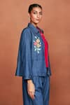 Buy_Sue Mue_Blue Denim Embroidery, Beads Collared Ori Floral Shirt And Pant Set _Online_at_Aza_Fashions