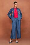 Buy_Sue Mue_Blue Denim Embroidery, Beads Collared Ori Floral Shirt And Pant Set _at_Aza_Fashions