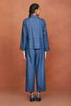 Sue Mue_Blue Denim Embroidery, Beads Collared Ori Floral Shirt And Pant Set _Online_at_Aza_Fashions