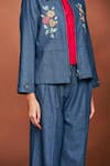Buy_Sue Mue_Blue Denim Embroidery, Beads Collared Ori Floral Shirt And Pant Set 